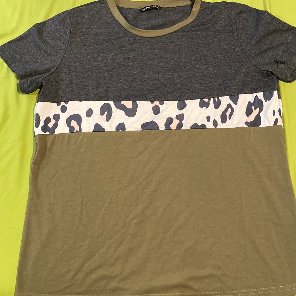 SHEIN shirt: grey, army green with cheetah print. Size X-LARGE